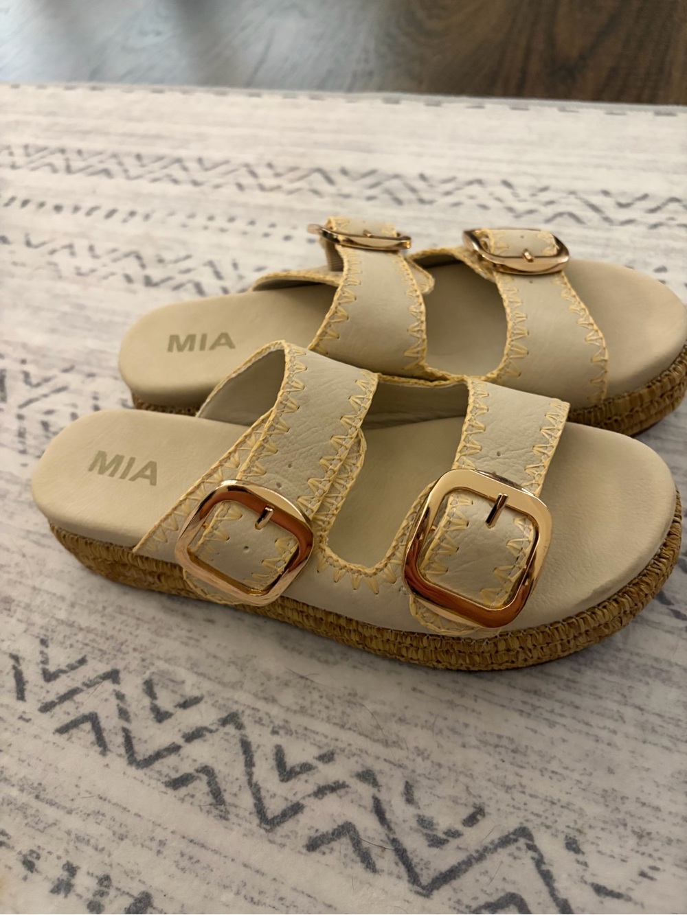 MIA Neutral Double Buckle Espadrille Slides with Gold Buckles - Picture 3 of 4